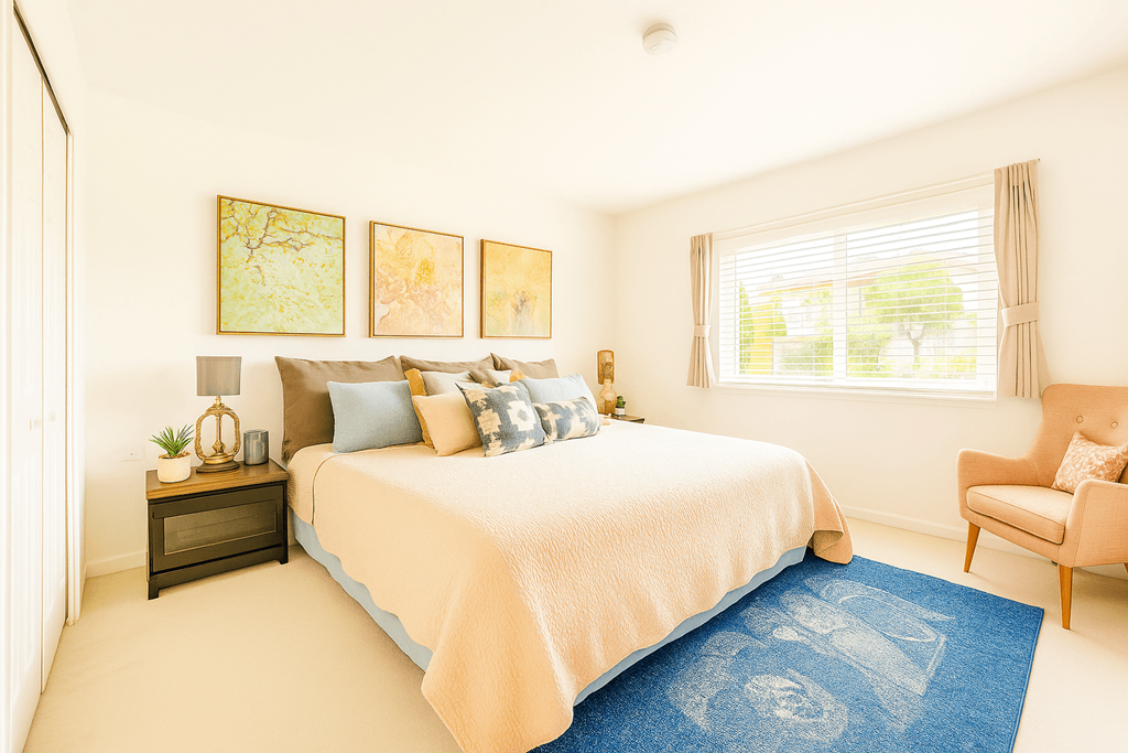 A bedroom with a bed, chair, and pictures on the wall.