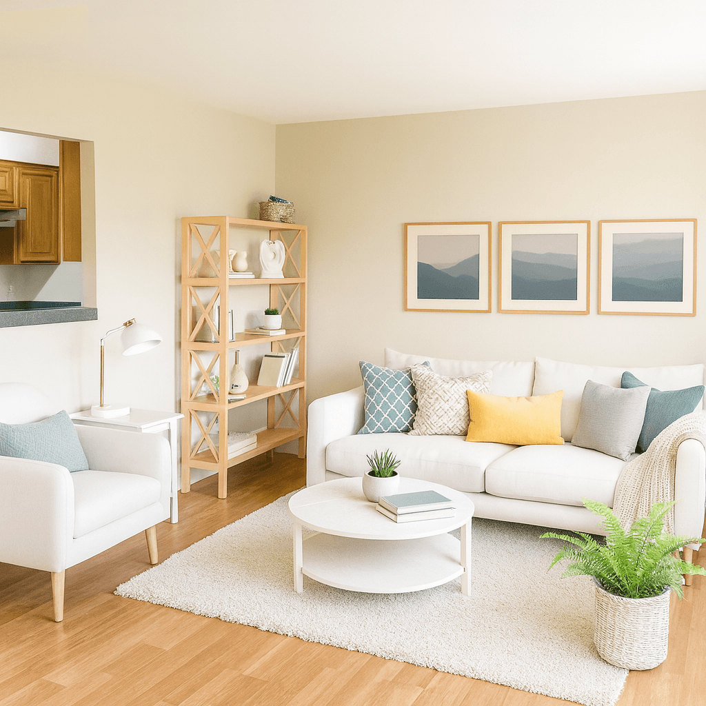 A living room with a white couch, a white chair, a white coffee table, a white rug, a white shelf, and three pictures on the wall.