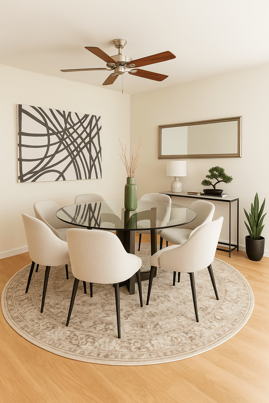 A modern dining room with a glass table and white chairs.