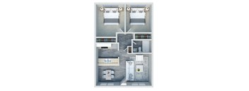A top-down view of a small apartment with two beds, a kitchen, and a bathroom.