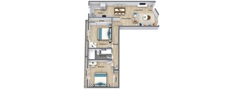 A floor plan of a Vasona apartment with two bedrooms, a living room, a dining room, a kitchen, a bathroom, a hallway, a closet, and a balcony.