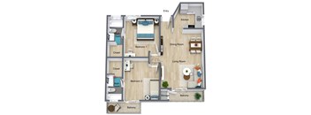A floor plan of an apartment with two bedrooms, a living room, a dining room, a kitchen, a bathroom, a balcony, a storage area, and a closet.