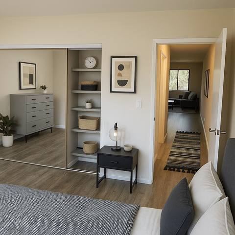 A living room with a grey couch and a black and white rug.