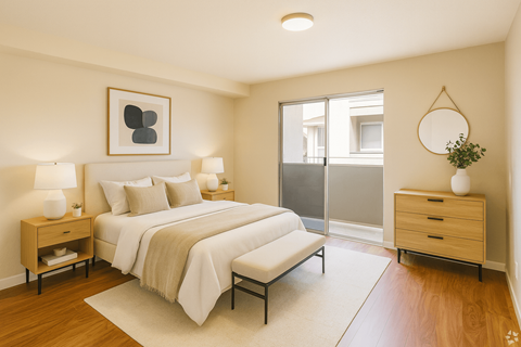 A bedroom with a bed, nightstands, and a plant.