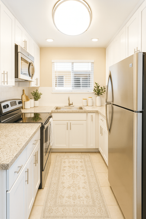 A kitchen with a refrigerator on the right side.