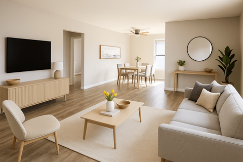 A living room with a grey couch, a white chair, a wooden coffee table, a flat screen TV, and a dining table with chairs.