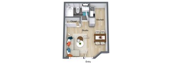 A floor plan of a studio apartment with a bathroom, kitchen, and living room.