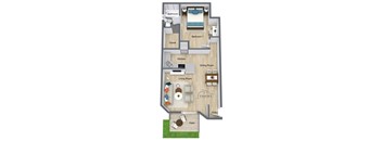 A floor plan of a house with a living room, kitchen, dining room, bedroom, bathroom, closet, and patio.