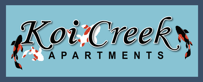 A logo for "Koi Creek Apartments" with a stylized koi fish.
