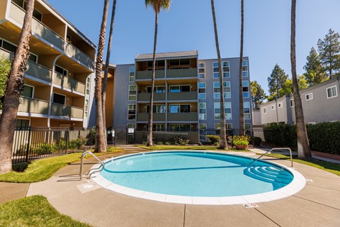 A swimming pool in front of a multi-story apartment building with palm trees.