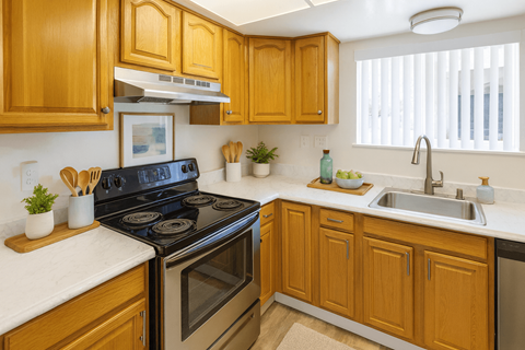 A kitchen with wooden cabinets and a black stove top oven.