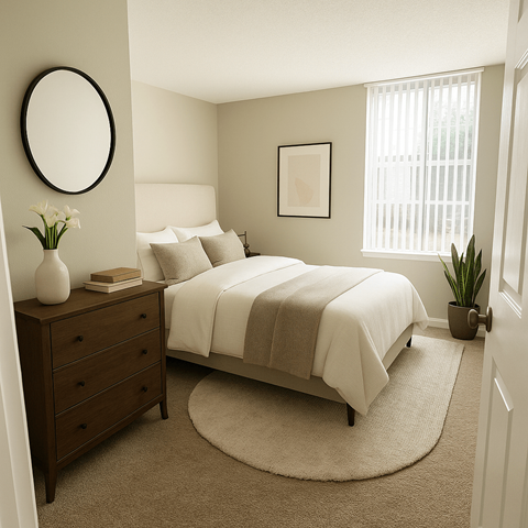 A bedroom with a bed, dresser, and a plant.