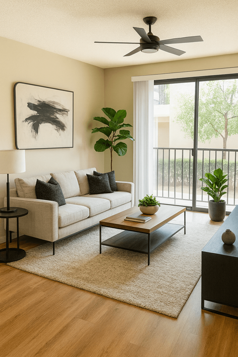 A living room with a white couch, a coffee table, and a ceiling fan.