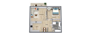 A floor plan of a VASONA apartment showing a living room, dining area, kitchen, bedroom, bathroom, and closet.