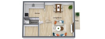 A floor plan of a Vasona apartment showing a kitchen, living room, bathroom, and patio.