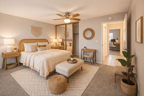 A bedroom with a large bed and a ceiling fan.