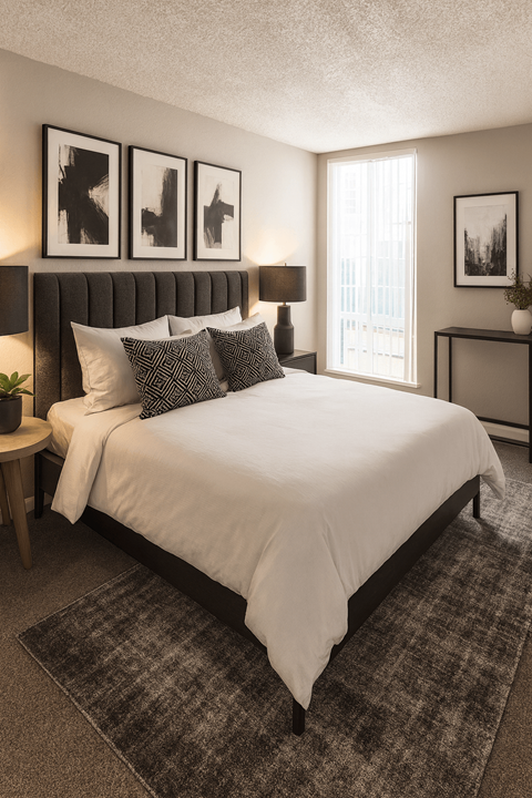 A bedroom with a large bed and a window.