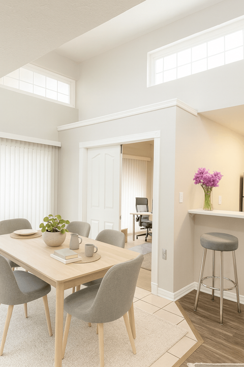 A dining room with a table set for four.