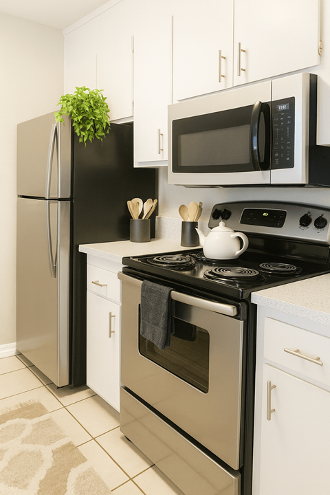 A black fridge and microwave in a white kitchen.