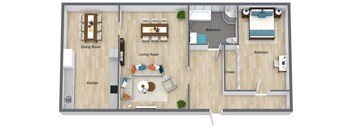 A floor plan of a small apartment with a kitchen, living room, and bedroom.