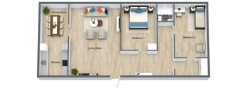 A floor plan of a house with a dining room, living room, kitchen, and two bedrooms.