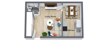 A top down view of a small apartment with a living room, dining room, kitchen and bathroom.