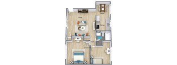 A floor plan of an apartment with a living room, dining room, kitchen, hall, and bedroom.