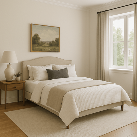 A bedroom with a large bed and a painting on the wall.