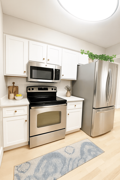 A kitchen with a stove, oven, microwave, and refrigerator.