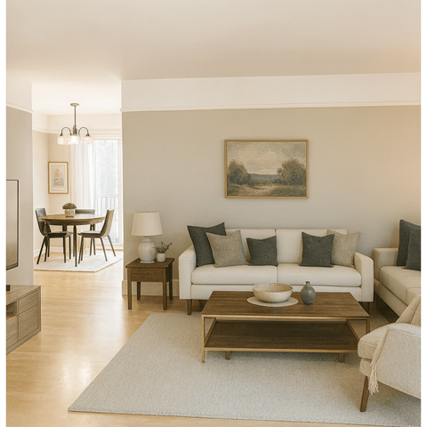 A living room with a white couch and a painting on the wall.