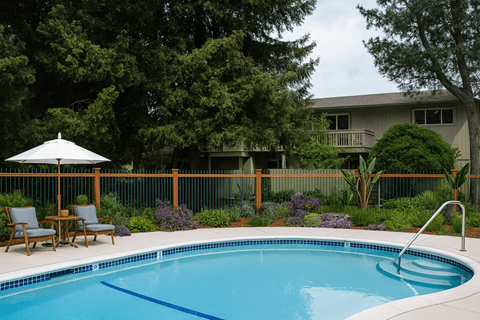 A pool surrounded by trees and a white umbrella.