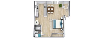 A floor plan of a room with a bed, desk, and chair.
