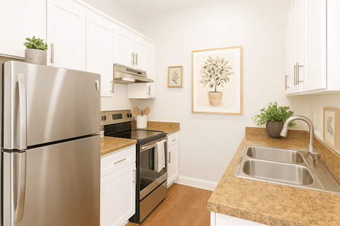 A kitchen with a stainless steel refrigerator and white cabinets.