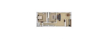 a stylized floor plan with a bedroom and a living room