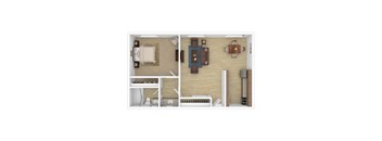 a stylized floor plan with a bedroom and a living room