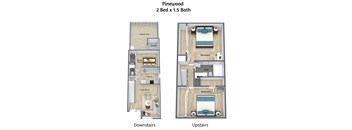 A diagram shows the layout of a two bedroom, one bathroom apartment with downstairs and upstairs bedrooms.