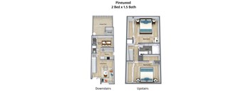A diagram shows the layout of a two bedroom, one bathroom apartment with downstairs and upstairs bedrooms.