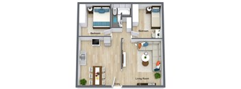A diagram shows a living room, two bedrooms, and an entry way.