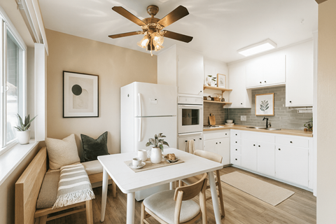 A modern kitchen with a dining table and chairs.