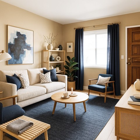A living room with a white sofa, a wooden coffee table, a blue chair, and a large abstract painting on the wall.
