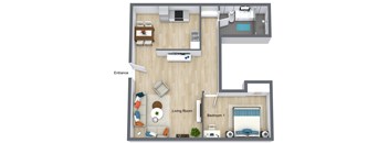 A floor plan of a house with a living room, two bedrooms, and a bathroom.