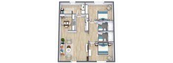 A floor plan of a house with a living room, dining room, kitchen, and two bedrooms.