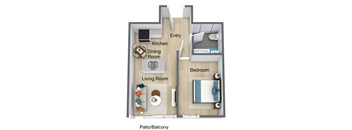 A diagram of a small apartment with a living room, dining room, kitchen, and bedroom.