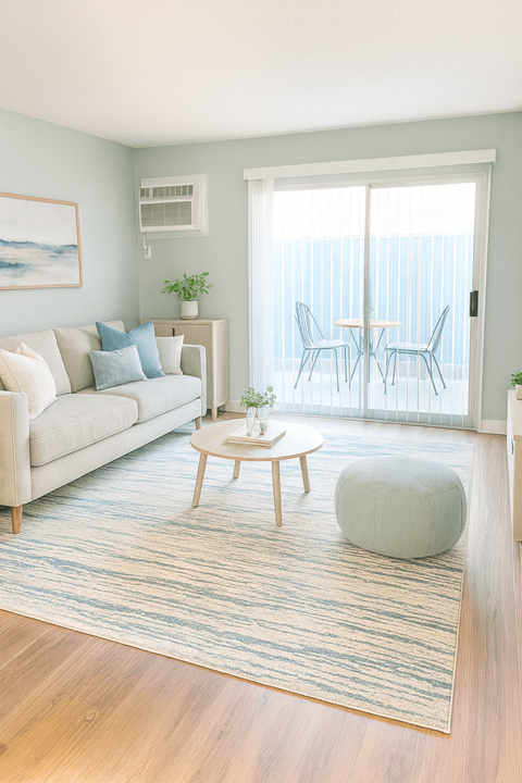 A living room with a couch, a table, and a painting on the wall.