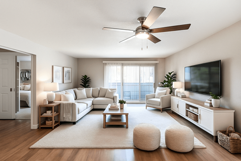 A living room with a white sofa, a wooden coffee table, and a flat-screen TV mounted on the wall.