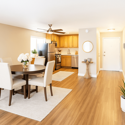 A modern kitchen with a dining table set for four.