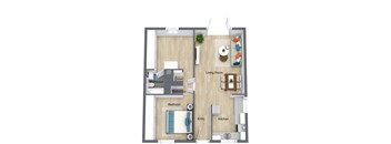 A floor plan of a small apartment with a living room, kitchen, bedroom, and bathrooms.