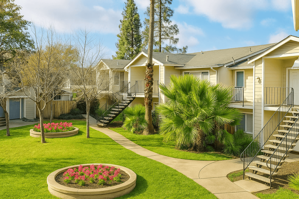 A residential area with houses and a flower bed.