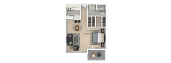A floor plan of a home with a living room, kitchen, and bathroom.