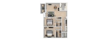 A floor plan of a Vasona apartment with a living room, kitchen, and two bedrooms.